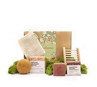 Enooso - Gift Box con 4 prodotti regali Beauty - Shampoo Solido Ristrutturante, Docciaschiuma Vellutante + Sacchetta in cotone e Poggia sapone | Set Regalo made in Italy | ecosostenibile vegan