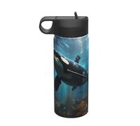 Enorme orche assassine da viaggio per il tempo libero, bottiglia d'acqua isolata con cannuccia in acciaio inox (510 ml), adatta per campeggio, fitness, escursioni all'aria aperta,