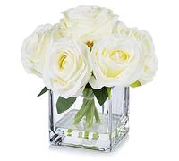 Enova Floral 7 Large Stems Artificial Silk Roses Fake Flowers Arrangement in Cube Glass Vase with Faux Water for Home Office Wedding Decoration (Cream)