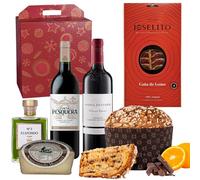 ENOVINOS - Cesto Gourmet regalo di Natale, aziende, famiglia e amici, scatola con vino abbadia ritorta, pesca, su paletta Joselito, olio Elizondo 200 ml, formaggio mulini e panettone cioccolato e