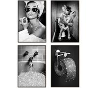 ENROR Set di immagini da bagno, 4 pezzi, in bianco e nero, alla moda, per donne, divertenti poster artistici da parete (20 x 30 CMX4 senza cornice)