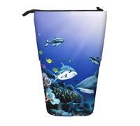 ENRPTY Borsa telescopica per matite con stampa di squalo che nuota sotto il mare Grande capacità Pop Up Storage Makeup Bag per forniture per ufficio