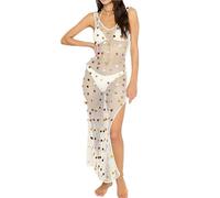 ENSDIEPLS Copricostume a portafoglio, Copri bikini in poliestere patchwork con paillettes lavorato a maglia gonna da spiaggia scavata bianca S/M/L for le vacanze(L)