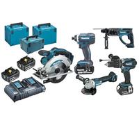 MAKITA Kit DLX5039PTJ (DHP458 + DHR202 + DGA504 + DSS610 + DTD152 + 4 x 5,0 Ah + DC18RD + MAKPAC 3 + 2 x MAKPAC 4)