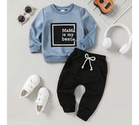 Ensemble De Détente Pour Bébé Garçon En 2 Pièces, Avec Un Sweat À Capuche Imprimé De Slogans De Lettres Tendres Et Confortables, Et Un Pantalon De Sport Décontracté À Cordon De Serrage À L'avant. 9-12