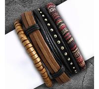 Ensemble Di Bracciali IN Cuoio Nero Marrone Stoffa e Perle Legno Stretch Perline