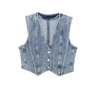 Ensemble veste en jean zippée à col rond + gilet + short sac en papier pour femme - Gilet - L