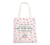 ENSIANTH Borsa tote con maiale per amanti dei maiali, regali divertenti con maiale I Might Look Like I'm Listening To You But In My Head Pig Canvas Tote Bag, Borsa per maiali, large