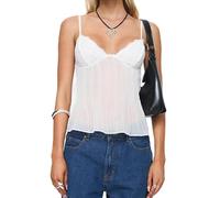 ensswliz Donne Y2k Pizzo Trim Camisole Spaghetti Strap Backless Mesh Vedi Attraverso Crop Top Carino Fata Uscire Camis Vest Top Streetwear, Colore: bianco, L