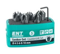 ENT 26516 Set Punta Svasatore 5 Pezzi HSS, Diametro (d) 4, 5, 6, 8 E 10 mm, E 90°, Rotazione a destra - Set Svasatore - Set Punte Svasatore per Legno - Punte Svasatura