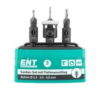 ENT 52400 Set di Arresto di profondità Punta da trapano in metallo duro (D2) 2,5-3,0-4,0 mm, Svasatore (D1) 9,5 mm, GL 60 mm, S 1/4” esagonale