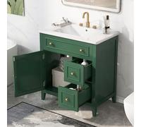 Entcook Mobile da bagno da 76,2 cm con piano lavabo, autoportante, con 1 anta e 2 cassetti, mobile da bagno con struttura in legno massello