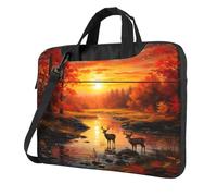 Entemne 13 Pollice Laptop Bag Autunno Foglie d'Acero Foresta Cervo Fiume Tramonto Custodia Del Manicotto Del Computer Per Le Donne Uomini Leggero Resistente All'Acqua Tablet Borsa A Tracolla Valigetta