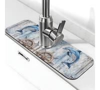 Entemne Acquerello In Legno Stella Marina Delfino Rubinetto Tappetino per Lavello da Cucina Assorbente Splash Guard Drip Catcher Vassoio Rubinetto Drenaggio Pad Tap Mat per Bagno Contatore