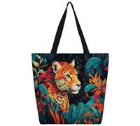 Entemne Borsa larga da donna in tela colorata con leopardo tropicale, borsa per la spesa con tasca con cerniera, riutilizzabile, ecologica, borsa a tracolla per lavoro, viaggi, uso quotidiano