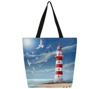 Entemne Borsa larga da donna in tela con faro di mare, gabbiani, borsa per la spesa con tasca con cerniera, riutilizzabile, ecologica, borsa a tracolla per lavoro, viaggi, uso quotidiano