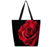 Entemne Borsa larga da donna in tela con fiori di rosa rossa e nero, borsa per la spesa con tasca con cerniera, riutilizzabile, ecologica, borsa a tracolla per lavoro, viaggi, uso quotidiano