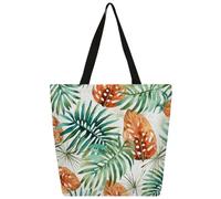 Entemne Borsa larga da donna in tela con foglie di palma tropicale, borsa per la spesa autunnale, con tasca con cerniera, riutilizzabile, ecologica, borsa a tracolla per lavoro, viaggi, uso quotidiano
