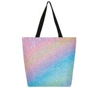 Entemne Borsa larga da donna in tela con glitter color arcobaleno pastello con tasca con cerniera, riutilizzabile, ecologica, borsa a tracolla per lavoro, viaggi, uso quotidiano