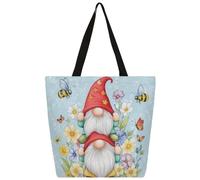 Entemne Borsa larga da donna in tela con gnomi divertenti, fiori, api, generi alimentari, con tasca con cerniera, riutilizzabile, ecologica, borsa a tracolla per lavoro, viaggi, uso quotidiano