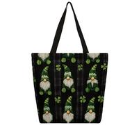 Entemne Borsa larga da donna in tela con gnomi e trifogli, con tasca con cerniera, riutilizzabile, ecologica, per lavoro, viaggi, uso quotidiano