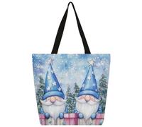 Entemne Borsa larga da donna in tela con gnomi invernali, con fiocchi di neve blu, con tasca con cerniera, riutilizzabile, ecologica, per lavoro, viaggi, uso quotidiano