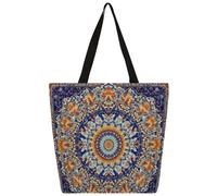 Entemne Borsa larga da donna in tela con mandala floreale etica, borsa per la spesa con tasca con cerniera, riutilizzabile, ecologica, borsa a tracolla per lavoro, viaggi, uso quotidiano