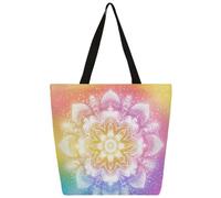 Entemne Borsa larga da donna in tela, con motivo mandala arcobaleno pastello, con tasca con cerniera, riutilizzabile, ecologica, per lavoro, viaggi, uso quotidiano