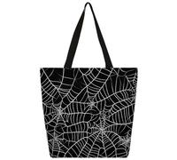 Entemne Borsa larga da donna in tela con motivo ragnatela nera, borsa per la spesa con tasca con cerniera, riutilizzabile, ecologica, borsa a tracolla per lavoro, viaggi, uso quotidiano