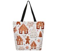 Entemne Borsa larga da donna in tela con omino di pan di zenzero, casa fiocchi di neve, borsa per la spesa con tasca con cerniera riutilizzabile ecologica borsa a tracolla per lavoro, viaggi, uso