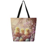 Entemne Borsa larga da donna in tela con simpatiche uova di Pasqua soffici pulcini borsa della spesa con tasca con cerniera riutilizzabile ecologica borsa a tracolla per lavoro, viaggi e uso