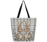 Entemne Borsa larga da donna in tela con simpatici coniglietti pasquali, foglie di eucalipto, borsa per la spesa con tasca con cerniera riutilizzabile, ecologica, borsa a tracolla per lavoro, viaggi