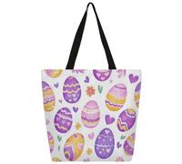 Entemne Borsa larga da donna in tela viola, motivo uova di Pasqua con cuori, borsa per la spesa con tasca con cerniera riutilizzabile ecologica borsa a tracolla per lavoro, viaggi, uso quotidiano