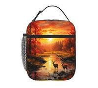 Entemne Borsa per il pranzo autunnale con foglie d'acero foresta cervi fiume tramonto per bambini uomini donne borsa termica per il pranzo piccola borsa termica resistente all'acqua borse per pasti a