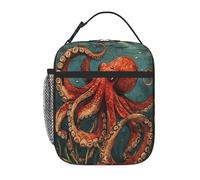 Entemne Borsa per il pranzo con motivo oceano con polpo rosso retrò per bambini, uomini e donne, borsa termica per il pranzo, piccola borsa termica resistente all'acqua, a prova di perdite, per lavoro