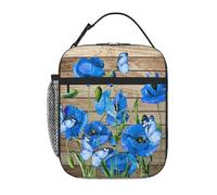 Entemne Borsa per il pranzo in legno retrò con papavero blu e farfalla per bambini, uomini e donne, borsa termica per il pranzo, piccola borsa termica resistente all'acqua, a prova di perdite, per