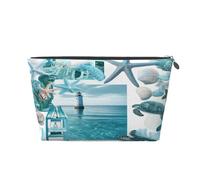 Entemne Borsa per il trucco a forma di nave nautica con ancora timone faro impermeabile in pelle PVC organizer cosmetico per donne ragazze portatile piccolo astuccio da viaggio per borsa regali da