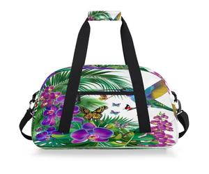 Entemne Borsone per bambini, con colibrì e orchidee e foglie di palma, impermeabile, borsa sportiva da palestra leggera da viaggio per ragazzi e ragazze, borsa da viaggio per la notte