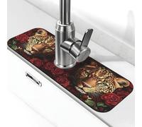 Entemne Cool Leopard Rose Fiori Rubinetto Tappetino per Lavello da Cucina Assorbente Splash Guard Drip Catcher Vassoio Rubinetto Drenaggio Pad Tap Mat per il bancone del bagno