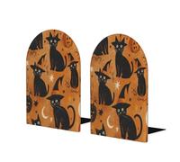 Entemne Fermalibri in legno arancione con gatti neri, 1 paio di fermalibri antiscivolo a forma di L, con base in metallo, resistenti, decorativi, per scaffali, ufficio, scuola