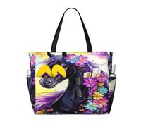 Entemne Grande borsa da spiaggia con cerniera floreale cavallo nero colorato impermeabile a prova di sabbia borsa da spiaggia pieghevole borsa da nuoto per donne viaggio vacanza palestra piscina