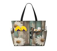 Entemne Grande borsa da spiaggia con cerniera in legno rustico margherite fiori impermeabile sabbia borsa da spiaggia pieghevole borsa da nuoto per donne viaggio vacanza palestra piscina caravan