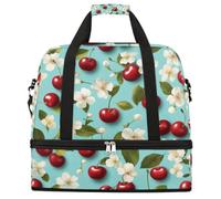 Entemne Grande borsa da viaggio per donne e uomini, con ciliegie rosse e fiori bianchi, borsone pieghevole con scomparto per scarpe, leggero, bagaglio da portare con sé, borsone per la notte