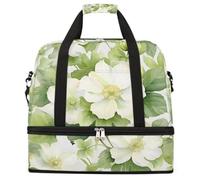 Entemne Grande borsa da viaggio per donne e uomini, con fiori bianchi e verdi freschi, borsone pieghevole con scomparto per scarpe, leggero, bagaglio da portare con sé, borsone per la notte