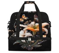 Entemne Grande borsa da viaggio per donne e uomini con fiori di giglio e farfalla borsone pieghevole con scomparto per scarpe leggero bagaglio a mano tote pernottamento weekend borsone