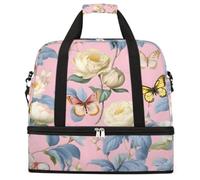 Entemne Grande borsa da viaggio per donne e uomini, con fiori di rosa, farfalla, borsone pieghevole con scomparto per scarpe, leggero, bagaglio da portare con sé, borsone per la notte