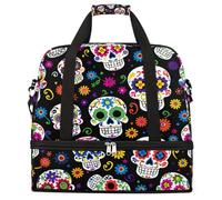 Entemne Grande borsa da viaggio per donne e uomini Day of The Dead floreale teschio di zucchero borsone pieghevole borsone con scomparto per scarpe leggero bagaglio a mano tote pernottamento weekend