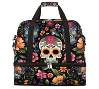 Entemne Grande borsa da viaggio per donne e uomini Day of The Dead Sugar Skulll modello fiore pieghevole borsone borsone con scomparto per scarpe leggero bagaglio da portare borsa tote durante la