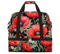 Entemne Grande borsa da viaggio per donne e uomini, motivo papaveri rossi, borsone pieghevole con scomparto per scarpe, leggero, bagaglio da portare con sé, borsone per la notte