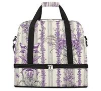 Entemne Grande borsa da viaggio per donne e uomini, vintage, fiori di lavanda, a righe, pieghevole, borsone con scomparto per scarpe, leggero, bagaglio da portare con sé, borsone per la notte